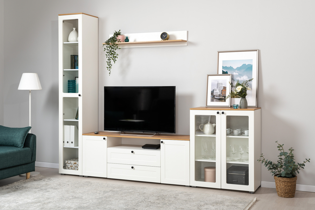 Шкафы распашные, Шкаф-витрина Остин 16.394.01, белая шагрень, дуб золотой крафт