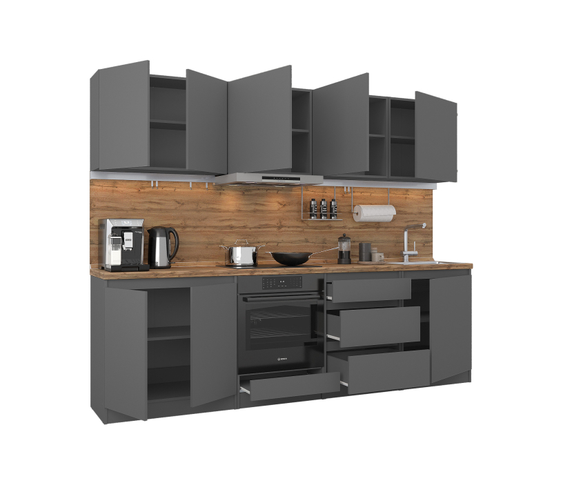 Кухонные гарнитуры, Кухонный гарнитур Леон прямой 260 см, диамант серый