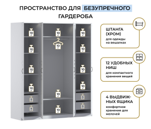 Шкаф четырехдверный Макс 2000 мм, вариант №2 (ЛДСП/МДФ)