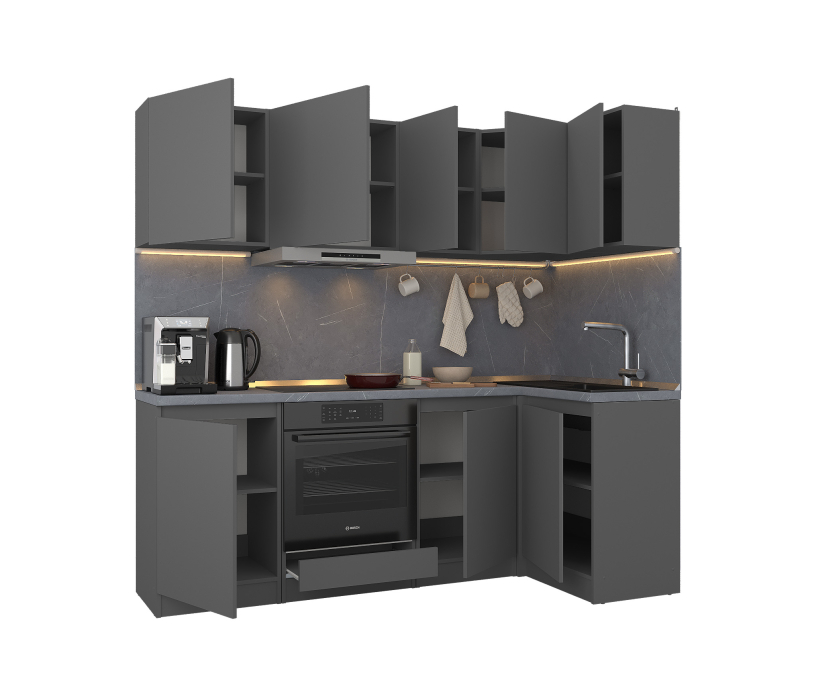 Кухонные гарнитуры, Кухонный гарнитур Леон угловой 210х100 см, диамант серый
